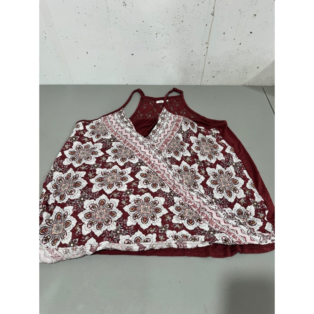 Maurices Womens Large Burgundy Floral Lace Back Halter Neck Tank Top Boho Blouse